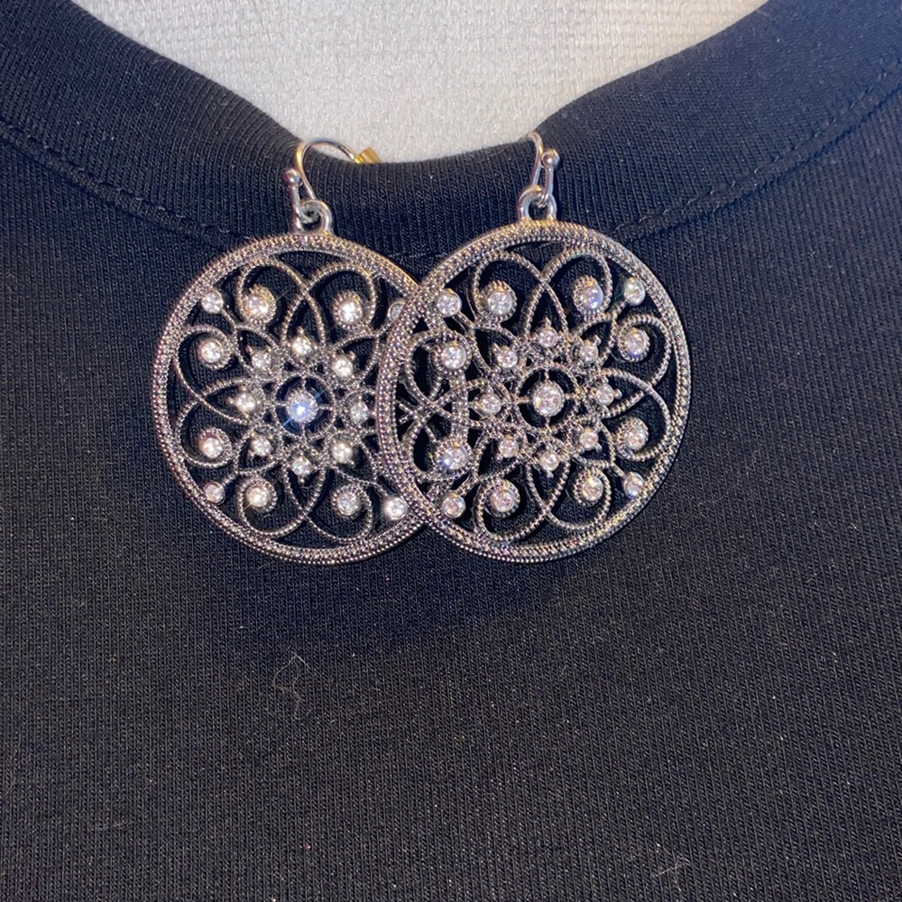 Crystal Dark Metal Circular Dangle Earrings